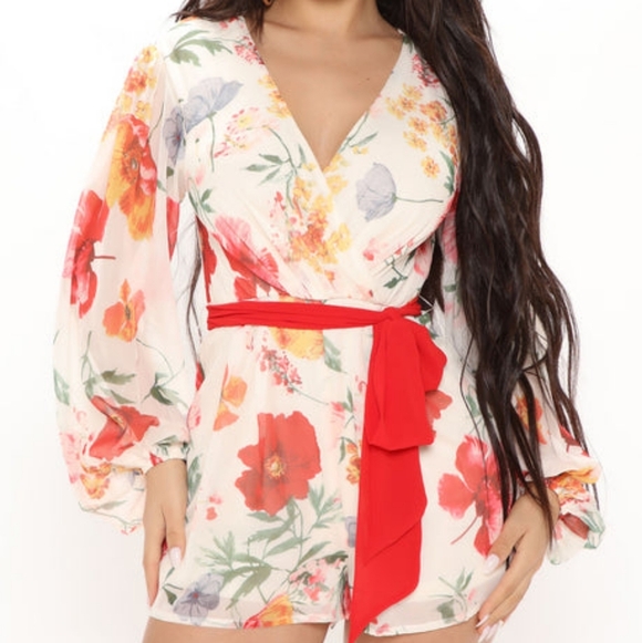 Fashion Nova Pants - Fashion Nova Cream Floral Jumpsuit with Red Belt